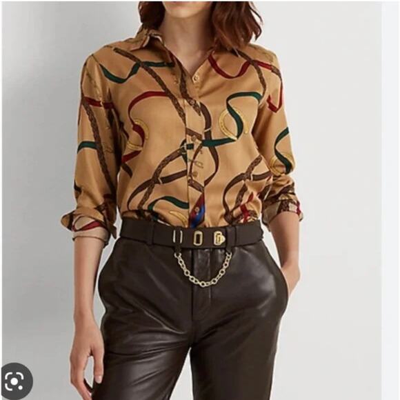Lauren Ralph Lauren Black Label XS Belting Print Cotton Shirt Equestrian Blouse - Picture 1 of 10